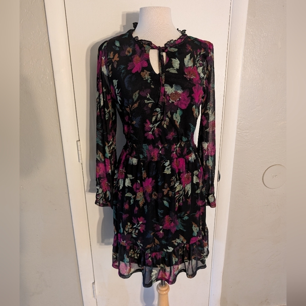Floral Long Sleeve Whimsigoth Dress - Black and‎ Pink sz M